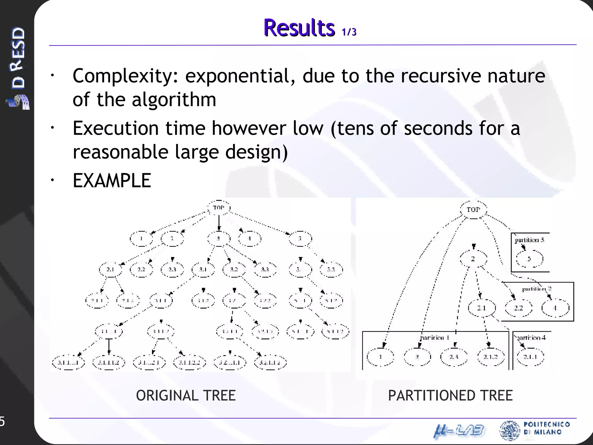 Results  1/3 Complexity: exponential, due to the recursive nature of the algorithm Execution time however low (tens of seconds for a reasonable large design) EXAMPLE ORIGINAL TREE PARTITIONED TREE 