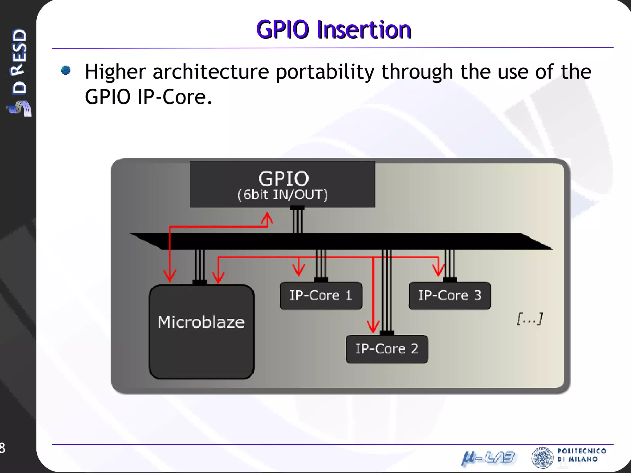 GPIO Insertion Higher architecture portability through the use of the GPIO IP-Core. 