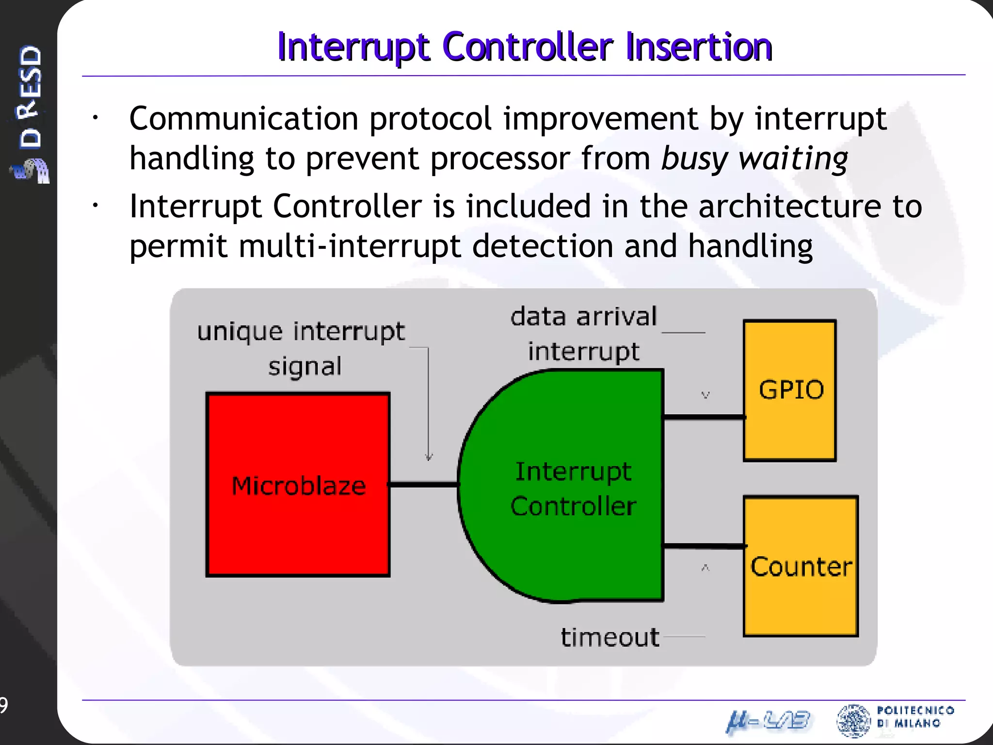 Interrupt Controller Insertion Communication protocol improvement by interrupt handling to prevent processor from  busy waiting  Interrupt Controller is included in the architecture to permit multi-interrupt detection and handling 
