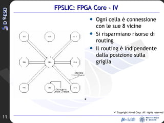 FPSLIC: FPGA Core - IV Ogni cella è connessione con le sue 8 vicine Si risparmiano risorse di routing Il routing è indipendente dalla posizione sulla griglia * Copyright Atmel Corp. All  rights reserved * 