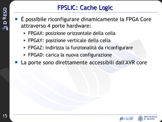 FPSLIC: Cache Logic É possibile riconfigurare dinamicamente la FPGA Core attraverso 4 porte hardware: FPGAX: posizione orizzontale della cella FPGAY: posizione verticale della cella FPGAZ: indirizza la funzionalità da riconfigurare FPGAD: carica la nuova configurazione La porte sono direttamente accessibili dall'AVR core 