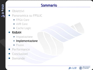 Sommario Obiettivi Panoramica su FPSLIC FPGA Core AVR Core Cache Logic RABAN Impostazione Implementazione Flusso Performance Conclusioni Domande 
