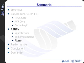 Sommario Obiettivi Panoramica su FPSLIC FPGA Core AVR Core Cache Logic RABAN Impostazione Implementazione Flusso Performance Conclusioni Domande 