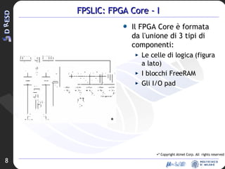 FPSLIC: FPGA Core - I Il FPGA Core è formata da l'unione di 3 tipi di componenti: Le celle di logica (figura a lato)‏ I blocchi FreeRAM Gli I/O pad * Copyright Atmel Corp. All  rights reserved * 