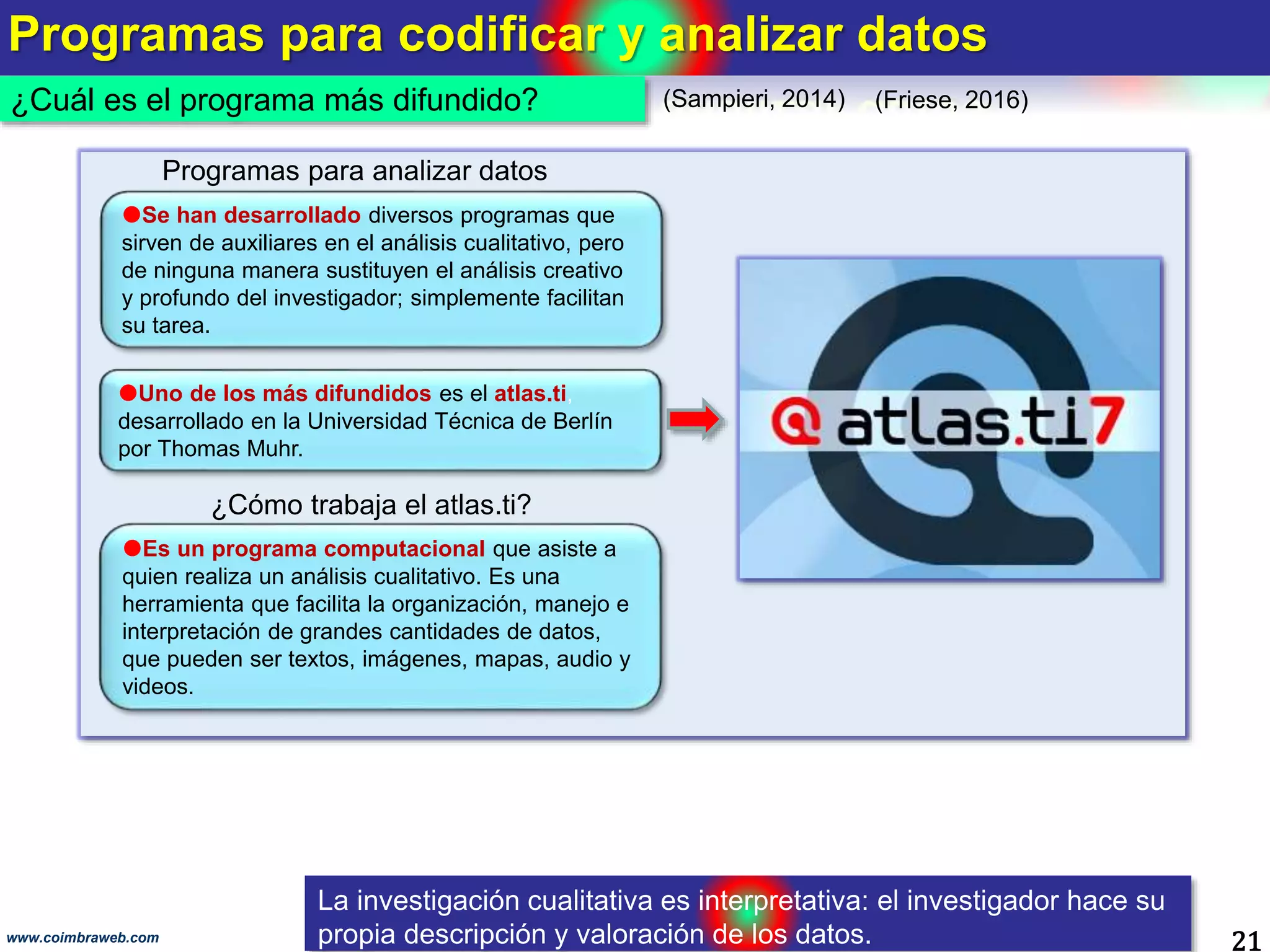 Programas para codificar y analizar datos
21www.coimbraweb.com
¿Cuál es el programa más difundido?
Programas para analizar datos
Se han desarrollado diversos programas que
sirven de auxiliares en el análisis cualitativo, pero
de ninguna manera sustituyen el análisis creativo
y profundo del investigador; simplemente facilitan
su tarea.
Uno de los más difundidos es el atlas.ti,
desarrollado en la Universidad Técnica de Berlín
por Thomas Muhr.
Es un programa computacional que asiste a
quien realiza un análisis cualitativo. Es una
herramienta que facilita la organización, manejo e
interpretación de grandes cantidades de datos,
que pueden ser textos, imágenes, mapas, audio y
videos.
¿Cómo trabaja el atlas.ti?
La investigación cualitativa es interpretativa: el investigador hace su
propia descripción y valoración de los datos.
(Friese, 2016)(Sampieri, 2014)
 