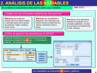 2. ANÁLISIS DE LAS VARIABLES
6www.coimbraweb.com
Se analiza la estadística descriptiva para cada variable
¿Cuáles son las ...