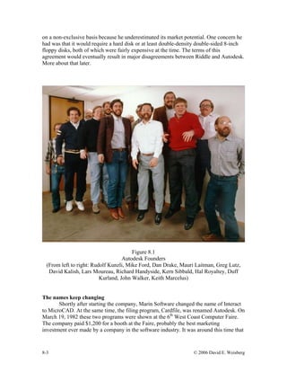 8-3 © 2006 David E. Weisberg
on a non-exclusive basis because he underestimated its market potential. One concern he
had was that it would require a hard disk or at least double-density double-sided 8-inch
floppy disks, both of which were fairly expensive at the time. The terms of this
agreement would eventually result in major disagreements between Riddle and Autodesk.
More about that later.
Figure 8.1
Autodesk Founders
(From left to right: Rudolf Kunzli, Mike Ford, Dan Drake, Mauri Laitman, Greg Lutz,
David Kalish, Lars Moureau, Richard Handyside, Kern Sibbald, Hal Royaltey, Duff
Kurland, John Walker, Keith Marcelus)
The names keep changing
Shortly after starting the company, Marin Software changed the name of Interact
to MicroCAD. At the same time, the filing program, Cardfile, was renamed Autodesk. On
March 19, 1982 these two programs were shown at the 6th
West Coast Computer Faire.
The company paid $1,200 for a booth at the Faire, probably the best marketing
investment ever made by a company in the software industry. It was around this time that
 