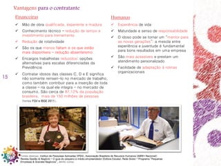 15
Fontes diversas: Instituo de Pesquisas Aplicadas (IPEA), Associação Brasileira de Recursos Humanos (ABRH-Nacional);
Revista Gestão & Negócio – O guia do pequeno e médio empreendedor (Editora Escala); Rede Globo – Programa “Pequenas
Empresas & Grandes Negócios”, dentre outras.
 Mão de obra qualificada, experiente e madura
 Conhecimento técnico – redução de tempo e
investimento para treinamento
 Redução de rotatividade
 São os que menos faltam e os que estão
mais disponíveis – redução absenteísmo
 Encargos trabalhistas reduzidos: opções
alternativas para escalas diferenciadas da
Previdência
Financeiras Humanas
 Experiência de vida
 Maturidade e senso de responsabilidade
 O idoso pode se tornar um “mentor para
as novas gerações”: a mescla entre
experiência e juventude é fundamental
para bons resultados em uma empresa
 São mais acessíveis e prestam um
atendimento personalizado
 Facilidade de adaptação à rotinas
organizacionais
 Contratar idosos das classes C, D e E significa
não somente reinseri-lo no mercado de trabalho,
como também contribuir para a inserção de toda
a classe – na qual ele integra - no mercado de
consumo. São cerca de 87,12% da população
brasileira, mais de 150 milhões de pessoas
(fontes FGV e IBGE 2011).
Vantagens para o contratante
 