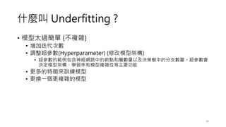 ʲN Underfitting ?
? ģ̫^ (}s)
? ӵΔ
? {(Hyperparameter) (޸ģͼܘ)
? Ĺ񽛾W·еĹc͌ӔԼQߘеķ֧
QģͼܘWʺģ}sԵҪ
? Ӗģ
? Qһ}sģ
38
 