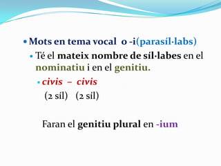  Mots en tema vocal o -i(parasíl·labs)


Té el mateix nombre de síl·labes en el
nominatiu i en el genitiu.
 civis – civis
(2 síl) (2 síl)
Faran el genitiu plural en -ium

 