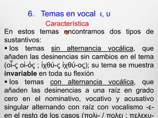 Temas en silbante  ςCaracterísticasEn estos temas encontramos bien diferenciados los sustantivos masculinos y femeninos (τριηρεσ-) cuyo tema se muestra invariable en toda su flexión, frente a los neutros (γενοσ- / γενεσ-) que presentan un tema alternante ε / ο  (temas en -ες variableEn la declinación de estas palabras hay que tener en cuenta lo siguiente: La -σ-  intervocálica desaparece y, tras ello, las dos vocales entran en contacto y se contraen. Las contracciones vocálicas resultantes son las siguientes: