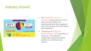 Industry Growth
 Will change the nature of
commerce, because end users will be
able to do much of their own
manufacturing rather than engaging in
trade to buy products from other people
and corporations.
 3D printing will change the
manufacturing world with effects on
energy use, waste reduction,
customization, product availability,
medicine, art, construction and
sciences.
 