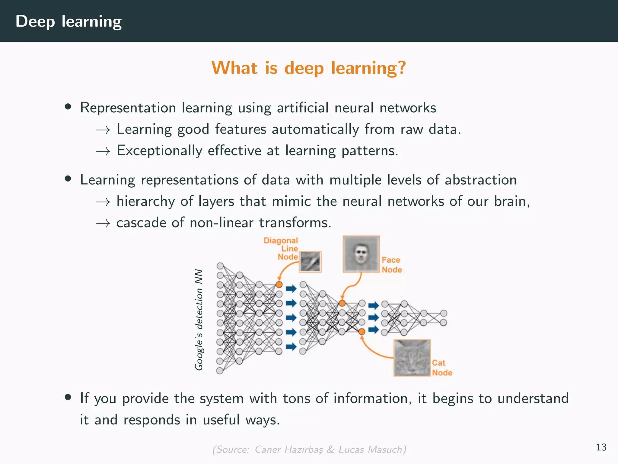 Deep learning
What is deep learning?
• Representation learning using artiﬁcial neural networks
→ Learning good features automatically from raw data.
→ Exceptionally eﬀective at learning patterns.
• Learning representations of data with multiple levels of abstraction
→ hierarchy of layers that mimic the neural networks of our brain,
→ cascade of non-linear transforms.
Google’sdetectionNN
• If you provide the system with tons of information, it begins to understand
it and responds in useful ways.
(Source: Caner Hazırba¸s & Lucas Masuch) 13
 