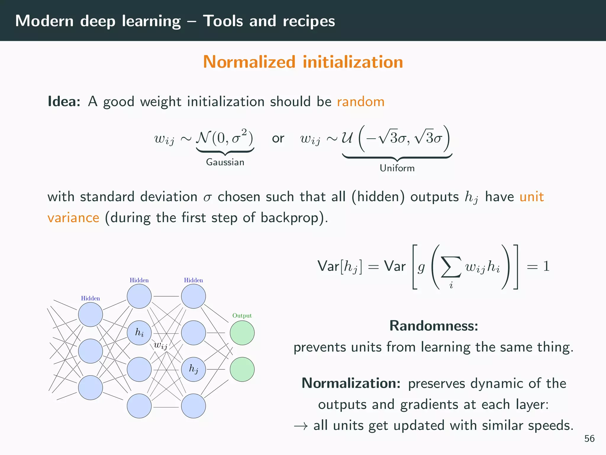 Modern deep learning – Tools and recipes
Normalized initialization
Idea: A good weight initialization should be random
wij ∼ N(0, σ2
)
Gaussian
or wij ∼ U −
√
3σ,
√
3σ
Uniform
with standard deviation σ chosen such that all (hidden) outputs hj have unit
variance (during the ﬁrst step of backprop).
Var[hj] = Var g
i
wijhi = 1
Randomness:
prevents units from learning the same thing.
Normalization: preserves dynamic of the
outputs and gradients at each layer:
→ all units get updated with similar speeds.
56
 