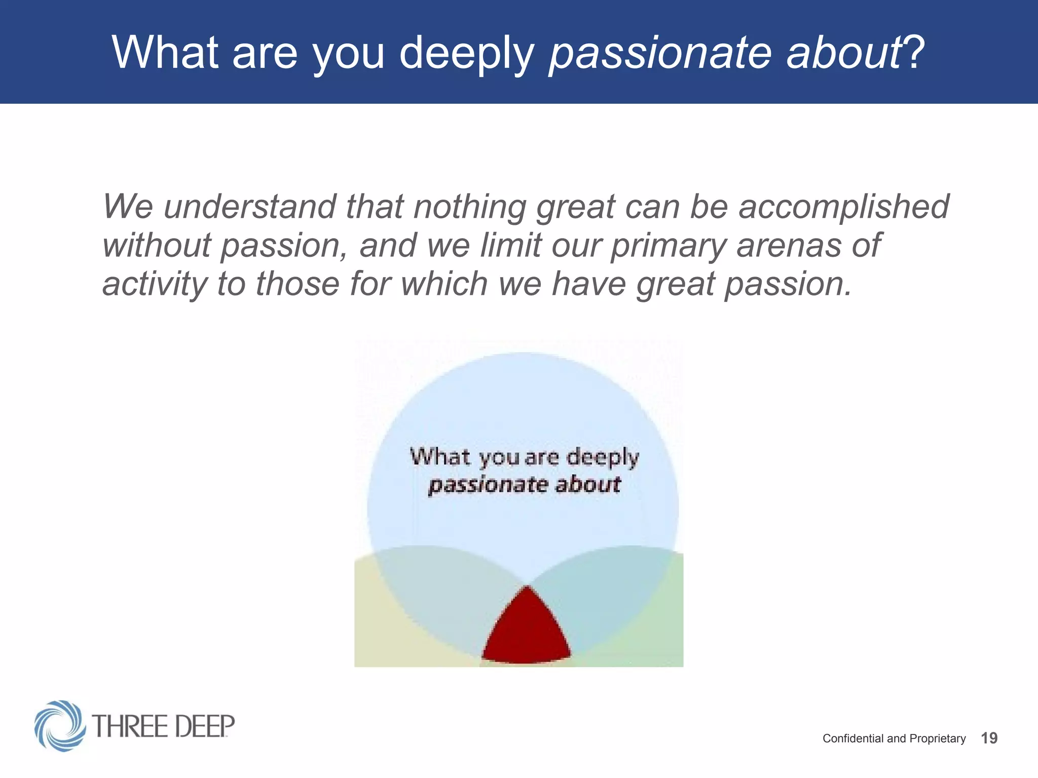 What are you deeply  passionate about ? We understand that nothing great can be accomplished without passion, and we limit our primary arenas of activity to those for which we have great passion. 