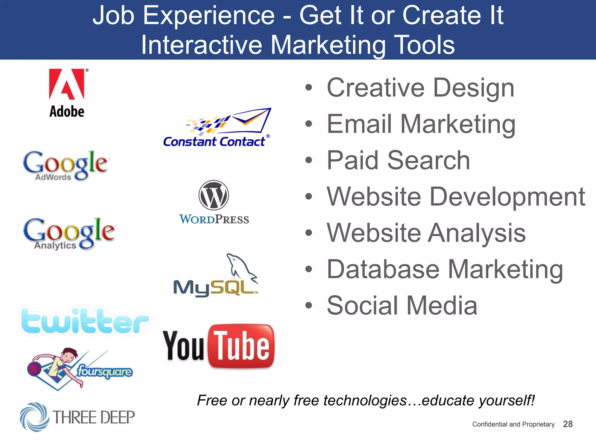 Job Experience - Get It or Create It Interactive Marketing Tools Creative Design Email Marketing Paid Search Website Development Website Analysis Database Marketing Social Media Free or nearly free technologies…educate yourself! 