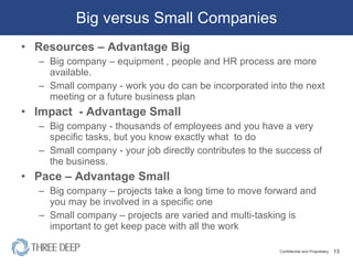 Big versus Small Companies Resources – Advantage Big Big company – equipment , people and HR process are more available.  Small company - work you do can be incorporated into the next meeting or a future business plan Impact  - Advantage Small Big company - thousands of employees and you have a very specific tasks, but you know exactly what  to do Small company - your job directly contributes to the success of the business. Pace – Advantage Small Big company – projects take a long time to move forward and you may be involved in a specific one Small company – projects are varied and multi-tasking is important to get keep pace with all the work 
