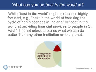 What can you be  best in the world  at? While “best in the world” might be local or highly-focused, e.g., “best in the world at breaking the cycle of homelessness in Indiana” or “best in the world at providing ﬁnancial services to people in St. Paul,” it nonetheless captures what we can do better than any other institution on the planet. 