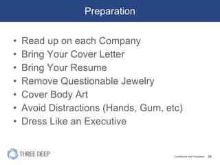 Preparation Read up on each Company Bring Your Cover Letter Bring Your Resume Remove Questionable Jewelry Cover Body Art Avoid Distractions (Hands, Gum, etc) Dress Like an Executive 