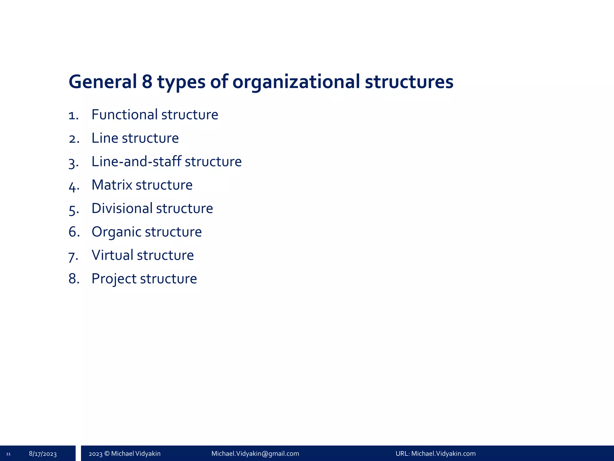 2023 © Michael Vidyakin Michael.Vidyakin@gmail.com URL: Michael.Vidyakin.com
General 8 types of organizational structures
11 8/17/2023
1. Functional structure
2. Line structure
3. Line-and-staff structure
4. Matrix structure
5. Divisional structure
6. Organic structure
7. Virtual structure
8. Project structure
 