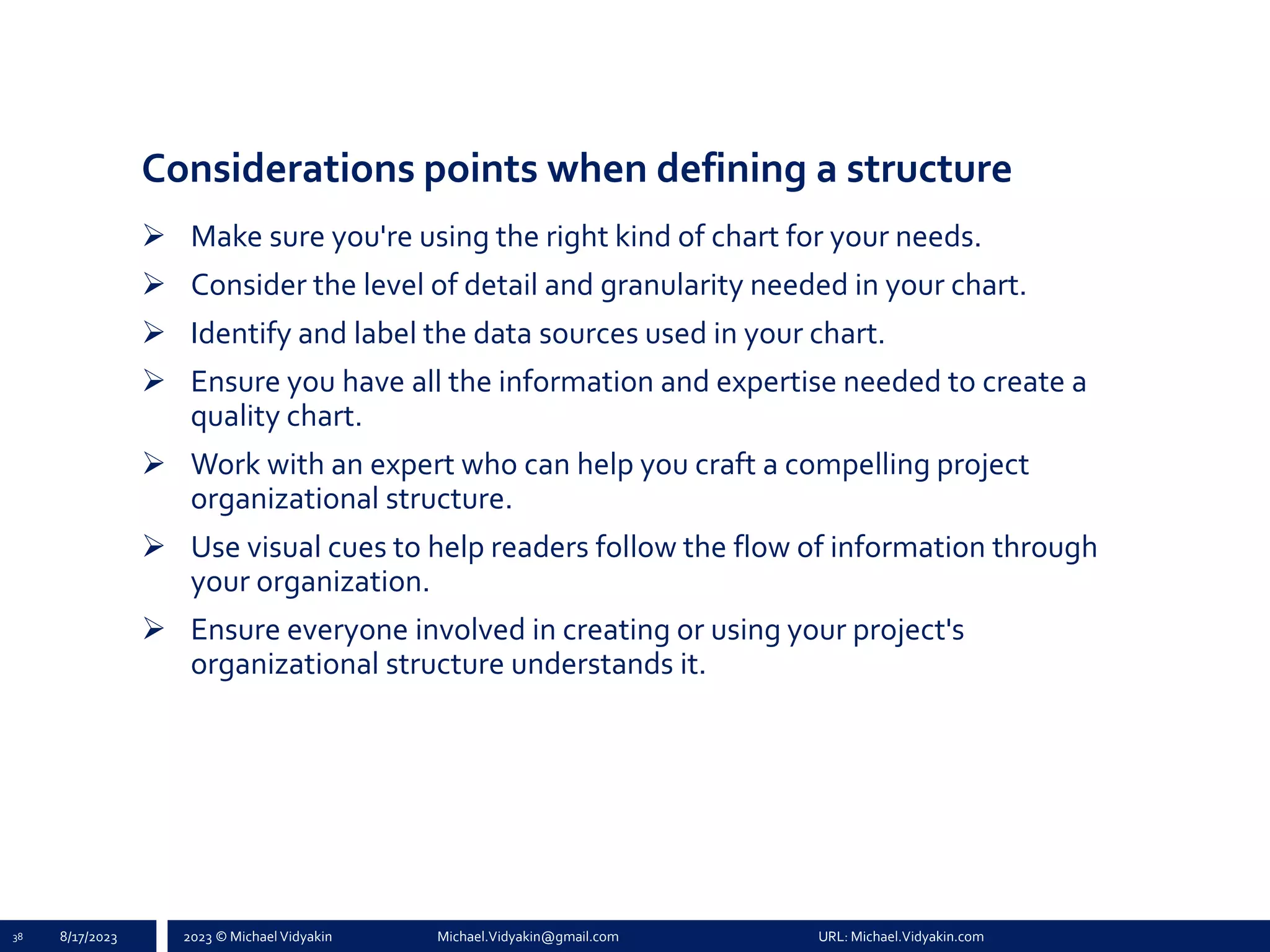 2023 © Michael Vidyakin Michael.Vidyakin@gmail.com URL: Michael.Vidyakin.com
Considerations points when defining a structure
➢ Make sure you're using the right kind of chart for your needs.
➢ Consider the level of detail and granularity needed in your chart.
➢ Identify and label the data sources used in your chart.
➢ Ensure you have all the information and expertise needed to create a
quality chart.
➢ Work with an expert who can help you craft a compelling project
organizational structure.
➢ Use visual cues to help readers follow the flow of information through
your organization.
➢ Ensure everyone involved in creating or using your project's
organizational structure understands it.
38 8/17/2023
 