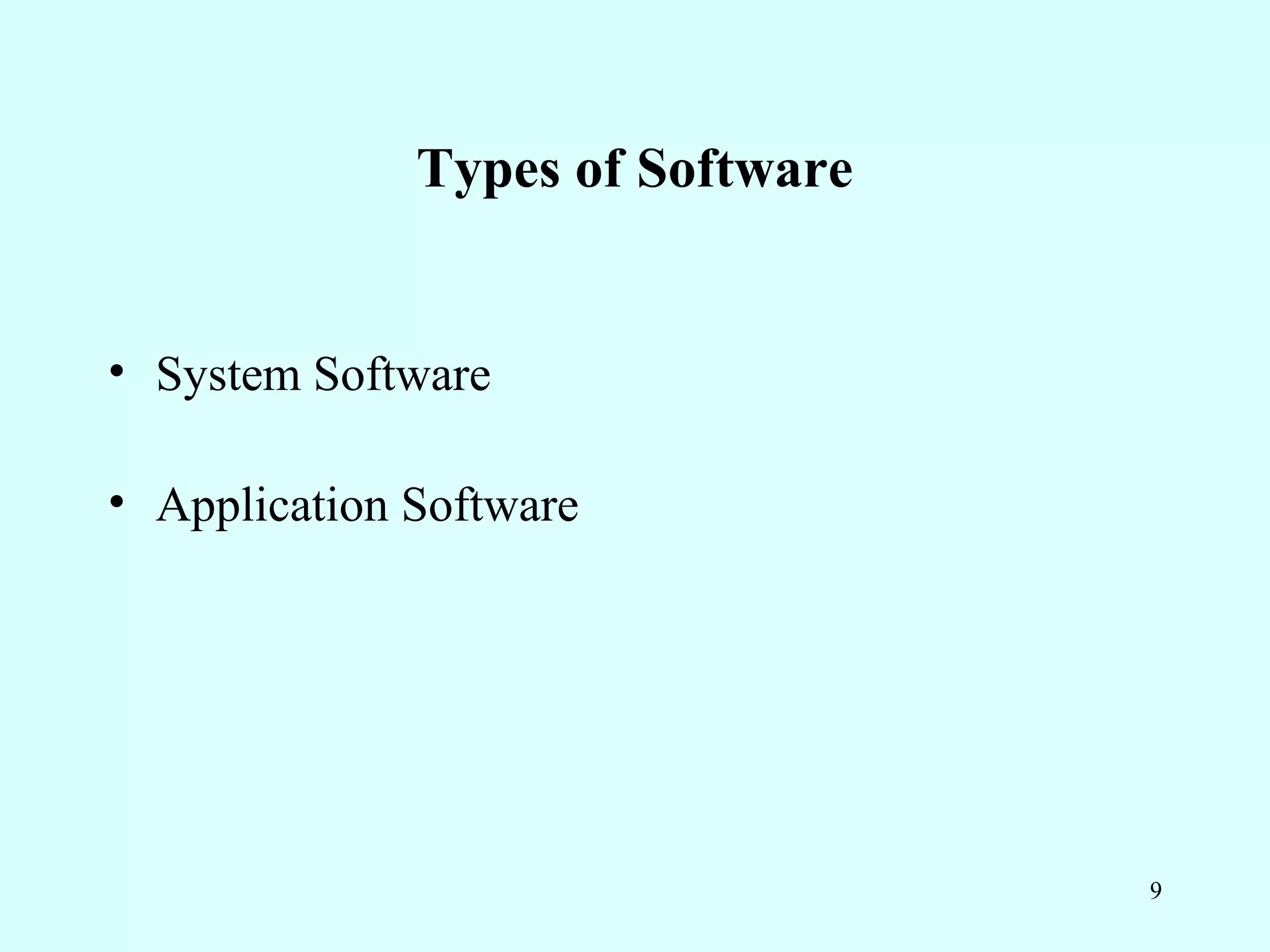 Types of Software


• System Software

• Application Software




                                  9
 