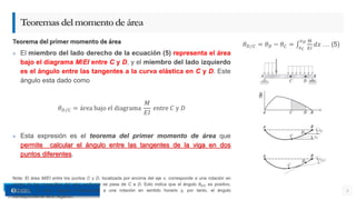 » El miembro del lado derecho de la ecuación (5) representa el área
bajo el diagrama M/EI entre C y D, y el miembro del lado izquierdo
es el ángulo entre las tangentes a la curva elástica en C y D. Este
ángulo esta dado como
𝜃𝐷 𝐶 = área bajo el diagrama
𝑀
𝐸𝐼
entre 𝐶 y 𝐷
» Esta expresión es el teorema del primer momento de área que
permite calcular el ángulo entre las tangentes de la viga en dos
puntos diferentes.
Nota: El área M/EI entre los puntos C y D, localizada por encima del eje x, corresponde a una rotación en
contra de las manecillas del reloj conforme se pasa de C a D. Esto indica que el ángulo θD/C es positivo.
Entonces, un área negativa corresponde a una rotación en sentido horario y, por tanto, el ángulo
correspondiente será negativo.
4
Teoremasdelmomentodeárea
Teorema del primer momento de área 𝜃𝐷 𝐶 = 𝜃𝐷 − 𝜃𝐶 = 𝑥𝐶
𝑥𝐷 𝑀
𝐸𝐼
𝑑𝑥 … (5)
 
