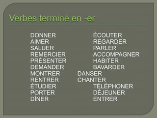 DONNER          ÉCOUTER
AIMER           REGARDER
SALUER          PARLER
REMERCIER       ACCOMPAGNER
PRÉSENTER       HABITER
DEMANDER        BAVARDER
MONTRER     DANSER
RENTRER     CHANTER
ÉTUDIER         TÉLÉPHONER
PORTER          DÉJEUNER
DÎNER           ENTRER
 