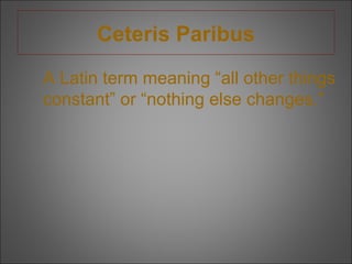 Ceteris Paribus
A Latin term meaning “all other things
constant” or “nothing else changes.”

 