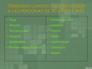 TÉRMINOS USADOS PARA DESCRIBIR
A LAS PERSONAS DE 60 AÑOS Y MÁS
 Viejo
 Anciano
 Tercera edad
 Senecto
 Senescente
 Persona mayor de edad
 Persona de edad
avanzada
 Chocho
 Añoso
 Adulto mayor
 Centenario
 Abuelo
 