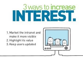 3 ways to increase

INTEREST.
1. Market the intranet and
make it more visible
2. Highlight its value
3. Keep users updated

 