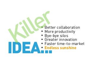 r
e
l
l
i
K
IDEA...

Better collaboration
More productivity
Bye-bye silos
Greater innovation
Faster time-to-market
Endless sunshine

 
