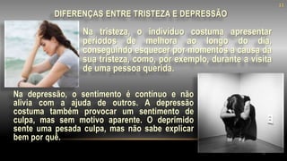 11
Na tristeza, o indivíduo costuma apresentar
períodos de melhora ao longo do dia,
conseguindo esquecer por momentos a causa da
sua tristeza, como, por exemplo, durante a visita
de uma pessoa querida.
DIFERENÇAS ENTRE TRISTEZA E DEPRESSÃO
Na depressão, o sentimento é contínuo e não
alivia com a ajuda de outros. A depressão
costuma também provocar um sentimento de
culpa, mas sem motivo aparente. O deprimido
sente uma pesada culpa, mas não sabe explicar
bem por quê.
11
 