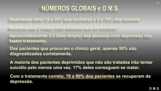 NÚMEROS GLOBAIS e O.M.S.
Depressão afeta 15 a 20% das mulheres e 5 a 10% dos homens.
O. M. S.
Mulheres são 2 vezes mais afetadas que os homens.
Aproximadamente 2/3 (dois terços) das pessoas com depressão não
fazem tratamento.
Dos pacientes que procuram o clínico geral, apenas 50% são
diagnosticados corretamente.
A maioria dos pacientes deprimidos que não são tratados irão tentar
suicídio pelo menos uma vez. 17% deles conseguem se matar.
Com o tratamento correto, 70 a 90% dos pacientes se recuperam da
depressão.
18
 