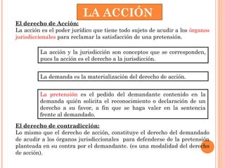 LA ACCIÓN 
El derecho de Acción: 
La acción es el poder jurídico que tiene todo sujeto de acudir a los órganos 
jurisdiccionales para reclamar la satisfacción de una pretensión. 
La acción y la jurisdicción son conceptos que se corresponden, 
pues la acción es el derecho a la jurisdicción. 
La demanda es la materialización del derecho de acción. 
La pretensión es el pedido del demandante contenido en la 
demanda quién solicita el reconocimiento o declaración de un 
derecho a su favor, a fin que se haga valer en la sentencia 
frente al demandado. 
El derecho de contradicción: 
Lo mismo que el derecho de acción, constituye el derecho del demandado 
de acudir a los órganos jurisdiccionales para defenderse de la pretensión 
planteada en su contra por el demandante. (es una modalidad del derecho 
de acción). 
 