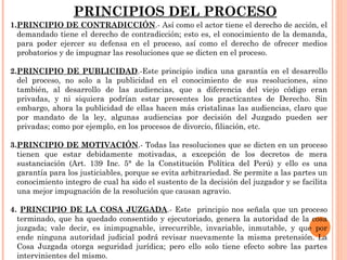 PRINCIPIOS DEL PROCESO 
1.PRINCIPIO DE CONTRADICCIÓN.- Así como el actor tiene el derecho de acción, el 
demandado tiene el derecho de contradicción; esto es, el conocimiento de la demanda, 
para poder ejercer su defensa en el proceso, así como el derecho de ofrecer medios 
probatorios y de impugnar las resoluciones que se dicten en el proceso. 
2.PRINCIPIO DE PUBLICIDAD.-Este principio indica una garantía en el desarrollo 
del proceso, no solo a la publicidad en el conocimiento de sus resoluciones, sino 
también, al desarrollo de las audiencias, que a diferencia del viejo código eran 
privadas, y ni siquiera podrían estar presentes los practicantes de Derecho. Sin 
embargo, ahora la publicidad de ellas hacen más cristalinas las audiencias, claro que 
por mandato de la ley, algunas audiencias por decisión del Juzgado pueden ser 
privadas; como por ejemplo, en los procesos de divorcio, filiación, etc. 
3.PRINCIPIO DE MOTIVACIÓN.- Todas las resoluciones que se dicten en un proceso 
tienen que estar debidamente motivadas, a excepción de los decretos de mera 
sustanciación (Art. 139 Inc. 5° de la Constitución Política del Perú) y ello es una 
garantía para los justiciables, porque se evita arbitrariedad. Se permite a las partes un 
conocimiento integro de cual ha sido el sustento de la decisión del juzgador y se facilita 
una mejor impugnación de la resolución que causan agravio. 
4. PRINCIPIO DE LA COSA JUZGADA.- Este principio nos señala que un proceso 
terminado, que ha quedado consentido y ejecutoriado, genera la autoridad de la cosa 
juzgada; vale decir, es inimpugnable, irrecurrible, invariable, inmutable, y que por 
ende ninguna autoridad judicial podrá revisar nuevamente la misma pretensión. La 
Cosa Juzgada otorga seguridad jurídica; pero ello solo tiene efecto sobre las partes 
intervinientes del mismo. 
 