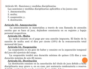 Artículo 50.- Sanciones y medidas disciplinarias 
Las sanciones y medidas disciplinarias aplicables a los jueces son: 
1. Amonestación; 
2. multa; 
3. suspensión; y, 
4. destitución. 
Artículo 52.- Amonestación 
La amonestación se materializa a través de una llamada de atención 
escrita que se hace al juez, dejándose constancia en su registro y legajo 
personal respectivos. 
Artículo 53.- Multa 
La multa consiste en el pago por una sanción impuesta. El límite de la 
sanción de multa será el diez por ciento (10%) de la remuneración total 
mensual del juez. 
Artículo 54.- Suspensión 
La suspensión es sin goce de haber y consiste en la separación temporal 
del juez del ejercicio del cargo. 
La suspensión tendrá una duración mínima de quince (15) días y una 
duración máxima de seis (6) meses. 
Artículo 55.- Destitución 
La destitución consiste en la cancelación del título de juez debido a falta 
disciplinaria muy grave o, en su caso, por sentencia condenatoria o reserva 
del fallo condenatorio por la comisión de un delito doloso. 
 