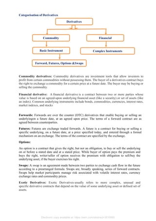 Categorisation of Derivatives
Commodity derivatives: Commodity derivatives are investment tools that allow investors to
profit from certain commodities without possessing them. The buyer of a derivatives contract buys
the right to exchange a commodity for a certain price at a future date. The buyer may be buying or
selling the commodity.
Financial derivative: A financial derivative is a contract between two or more parties whose
value is based on an agreed-upon underlying financial asset (like a security) or set of assets (like
an index). Common underlying instruments include bonds, commodities, currencies, interest rates,
market indexes, and stocks
Forwards: Forwards are over the counter (OTC) derivatives that enable buying or selling an
underlyingon a future date, at an agreed upon price. The terms of a forward contract are as
agreed between counterparties.
Futures: Futures are exchange traded forwards. A future is a contract for buying or selling a
specific underlying, on a future date, at a price specified today, and entered through a formal
mechanism on an exchange. The terms of the contract are specified by the exchange.
Options:
An option is a contract that gives the right, but not an obligation, to buy or sell the underlying
on or before a stated date and at a stated price. While buyer of option pays the premium and
buys the right, writer/seller of option receives the premium with obligation to sell/buy the
underlying asset, if the buyer exercises his right.
Swaps: A swap is an agreement made between two parties to exchange cash flow in the future
according to a prearranged formula. Swaps are, broadly speaking, series of forward contracts.
Swaps help market participants manage risk associated with volatile interest rates, currency
exchange rates and commodity prices.
Exotic Derivatives: Exotic Derivatives usually refers to more complex, unusual and
specific derivative contracts that depend on the value of some underlying asset or defined set of
assets.
Derivatives
Commodity Financial
Basic Instrument
Forward, Futures, Options &Swaps
Complex Instruments
Electronic copy available at: https://ssrn.com/abstract=3510065
 
