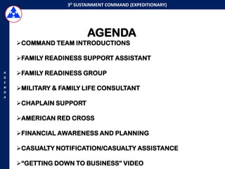 3D SUSTAINMENT COMMAND (EXPEDITIONARY)




                         AGENDA
    COMMAND TEAM INTRODUCTIONS

    FAMILY READINESS SUPPORT ASSISTANT

A   FAMILY READINESS GROUP
G
E
N
    MILITARY & FAMILY LIFE CONSULTANT
D
A

    CHAPLAIN SUPPORT

    AMERICAN RED CROSS

    FINANCIAL AWARENESS AND PLANNING

    CASUALTY NOTIFICATION/CASUALTY ASSISTANCE

    “GETTING DOWN TO BUSINESS” VIDEO
 