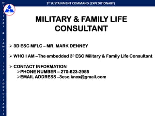 M                    3D SUSTAINMENT COMMAND (EXPEDITIONARY)
I
L
I


               MILITARY & FAMILY LIFE
T
A
R


                    CONSULTANT
Y

&

F
A
M    3D ESC MFLC – MR. MARK DENNEY
I
L
Y    WHO I AM –The embedded 3D ESC Military & Family Life Consultant
L
I    CONTACT INFORMATION
F
E      PHONE NUMBER – 270-823-2955
       EMAIL ADDRESS –3esc.knox@gmail.com
C
O
N
S
U
L
T
A
N
T
S
 