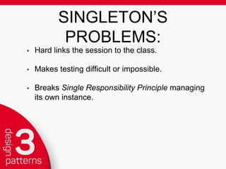DI
• We create the objects and then “inject” them into
each class that depends on them.
• Beneﬁts:
• Easier to follow Single Responsibility Principle.
• Makes testing easier: we can inject mocks or
stubs.
• Good visibility into what each class needs.
 