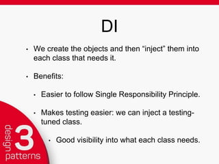 new App(); new Session(); DI Container
class App {
protected $session;
function __construct(Container $container) {
$this->session = $container->get(‘session’);
}
}
 