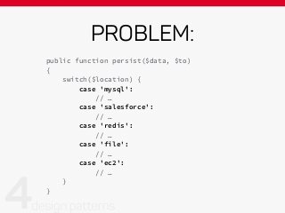 PROBLEM:
public function persist($data, $to)
{
switch($location) {
case 'mysql':
// …
case 'salesforce':
// …
case 'redis':
// …
case 'file':
// …
case 'ec2':
// …
}
}
 