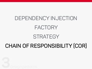 DEPENDENCY INJECTION
FACTORY
STRATEGY
CHAIN OF RESPONSIBILITY (COR)
 