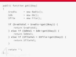 public function get($key)
{
$redis = new Redis();
$db = new Db();
$file = new File();
if ($redisVal = $redis->get($key)) {
return $redisVal;
} else if ($dbVal = $db->get($key)) {
return $dbVal;
} else if ($fileVal = $$file->get($key)) {
return $fileVal;
}
return '';
}
 