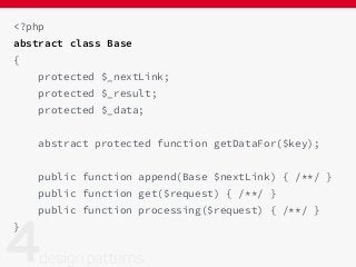 <?php
abstract class Base
{
protected $_nextLink;
protected $_result;
protected $_data;
abstract protected function getDataFor($key);
public function append(Base $nextLink) { /**/ }
public function get($request) { /**/ }
public function processing($request) { /**/ }
}
 