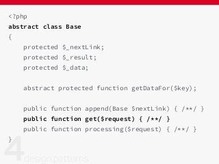 <?php
abstract class Base
{
protected $_nextLink;
protected $_result;
protected $_data;
abstract protected function getDataFor($key);
public function append(Base $nextLink) { /**/ }
public function get($request) { /**/ }
public function processing($request) { /**/ }
}
 