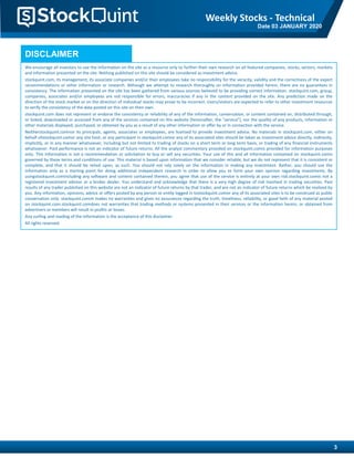 We encourage all investors to use the information on the site as a resource only to further their own research on all featured companies, stocks, sectors, markets
and information presented on the site. Nothing published on this site should be considered as investment advice.
stockquint.com, its management, its associate companies and/or their employees take no responsibility for the veracity, validity and the correctness of the expert
recommendations or other information or research. Although we attempt to research thoroughly on information provided herein, there are no guarantees in
consistency. The information presented on the site has been gathered from various sources believed to be providing correct information. stockquint.com, group,
companies, associates and/or employees are not responsible for errors, inaccuracies if any in the content provided on the site. Any prediction made on the
direction of the stock market or on the direction of individual stocks may prove to be incorrect. Users/visitors are expected to refer to other investment resources
to verify the consistency of the data posted on this site on their own.
stockquint.com does not represent or endorse the consistency or reliability of any of the information, conversation, or content contained on, distributed through,
or linked, downloaded or accessed from any of the services contained on this website (hereinafter, the "service"), nor the quality of any products, information or
other materials displayed, purchased, or obtained by you as a result of any other information or offer by or in connection with the service.
Neitherstockquint.comnor its principals, agents, associates or employees, are licensed to provide investment advice. No materials in stockquint.com, either on
behalf ofstockquint.comor any site host, or any participant in stockquint.comor any of its associated sites should be taken as investment advice directly, indirectly,
implicitly, or in any manner whatsoever, including but not limited to trading of stocks on a short term or long term basis, or trading of any financial instruments
whatsoever. Past performance is not an indicator of future returns. All the analyst commentary provided on stockquint.comis provided for information purposes
only. This information is not a recommendation or solicitation to buy or sell any securities. Your use of this and all information contained on stockquint.comis
governed by these terms and conditions of use. This material is based upon information that we consider reliable, but we do not represent that it is consistent or
complete, and that it should be relied upon, as such. You should not rely solely on the information in making any investment. Rather, you should use the
information only as a starting point for doing additional independent research in order to allow you to form your own opinion regarding investments. By
usingstockquint.comincluding any software and content contained therein, you agree that use of the service is entirely at your own risk.stockquint.comis not a
registered investment advisor or a broker dealer. You understand and acknowledge that there is a very high degree of risk involved in trading securities. Past
results of any trader published on this website are not an indicator of future returns by that trader, and are not an indicator of future returns which be realized by
you. Any information, opinions, advice or offers posted by any person or entity logged in tostockquint.comor any of its associated sites is to be construed as public
conversation only. stockquint.comm makes no warranties and gives no assurances regarding the truth, timeliness, reliability, or good faith of any material posted
on stockquint.com.stockquint.comdoes not warranties that trading methods or systems presented in their services or the information herein, or obtained from
advertisers or members will result in profits or losses.
Any surfing and reading of the information is the acceptance of this disclaimer.
All rights reserved.
3
DISCLAIMER
Weekly Stocks - Technical
Date 03 JANUARY 2020
 