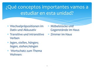 Wechselpräpositionen im
Dativ und Akkusativ
Transitive und intransitive
Verben
legen, stellen, hängen;
liegen, stehen,hängen
Wortschatz zum Thema
Wohnen:
Möbelstücke und
Gegenstände im Haus
Zimmer im Haus
3
¿Qué conceptos importantes vamos a
estudiar en esta unidad?
 