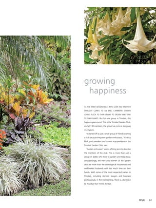 MACO 81
As the rainy season rolls into gear and another
drought comes to an end, Caribbean garden
lovers flock to their lawns to groom and tend
to their plants. But for one group in Trinidad, this
happens year-round. This is the Trinidad Garden Club,
and at 130 members, the group has come a long way
in 22 years.
	 “It started off as just a small group of friends starting
a club because they were garden enthusiasts,” Chancy
Moll, past president and current vice-president of the
Trinidad Garden Club, said.
	 “Garden enthusiast’’ seems a fitting term to describe
the members of the club. This is more than just a
group of ladies who love to garden and keep busy.
Unsurprisingly, the men and women of the garden
club are more than the stereotypical housewives and
well-heeled husbands with too much time on their
hands. With some of the most respected names in
Trinidad, including doctors, lawyers and business
professionals, in the membership, there is a lot more
to this club than meets the eye.
growing
happiness
 